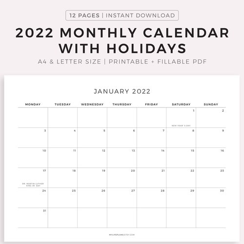 2022 monthly calendar with holidays printable calendar etsy