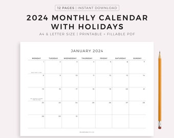 2024 Monthly Calendar with Holidays, Printable Calendar Template, Landscape, Minimalist Calendar, Year Calendar, Instant Download, A4/Letter