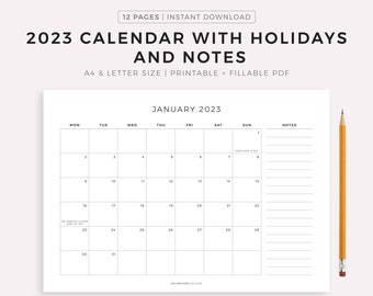 2023 Calendar With Holidays In Ghana 2023 Monthly Calendar With Holidays Notes Printable Etsy India