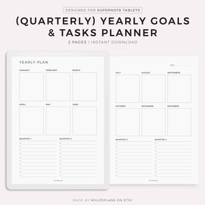 Può includere: Un planner stampabile per impostare obiettivi e attività annuali. Il planner è diviso in trimestri e mesi, con spazio per scrivere obiettivi e attività per ogni mese. Il planner è progettato per tablet Supernote.