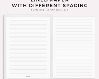Peut inclure: Deux blocs-notes numériques blancs avec du papier ligné. Le texte "LINED PAPER WITH DIFFERENT SPACING" est en haut de l'image. Le texte "5 VERSIONS | INSTANT DOWNLOAD" est sous le titre. Le texte "MADE BY MYLIFEPLANS ON ETSY" est en bas de l'image.
