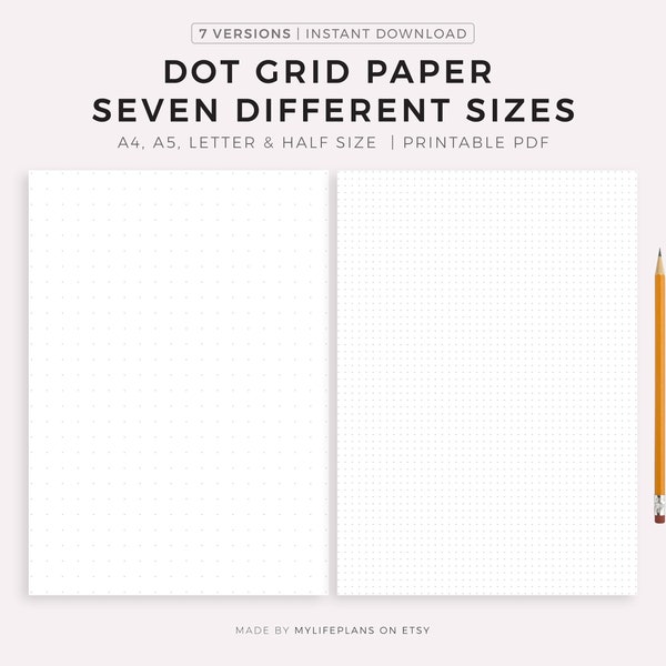 Dot Grid papier zeven verschillende maten - 4 mm, 5 mm, 6 mm, 7 mm, 8 mm, 9 mm, 10 mm, afdrukbare PDF, A4/A5/Letter/Half, direct downloaden