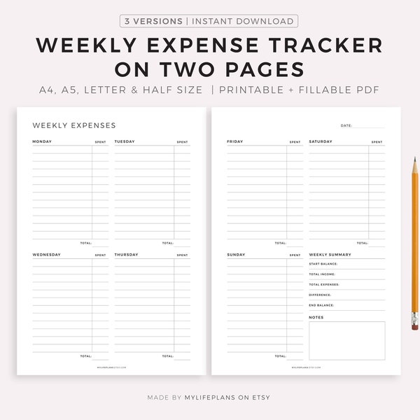 Weekly Expenses Tracker on Two Pages, Spending Tracker, Finance Planner, A4/A5/Letter/Half Size, Printable & Fillable, Instant Download PDF