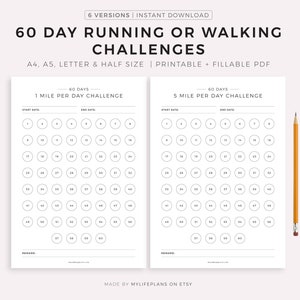 60 Day Running or Walking Challenge Printable, Daily Workout Challenge, Health & Fitness Goals, A4/A5/Letter/Half Size