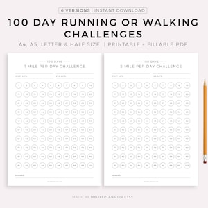100 Day Running or Walking Challenge Printable, Daily Workout Challenge, Health & Fitness Goals, A4/A5/Letter/Half Size
