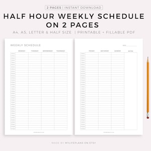 Horario semanal de media hora en 2 páginas, planificador semanal imprimible, resumen de la semana, lista de tareas semanales, agenda semanal, tamaño A5/A4/carta/media carta