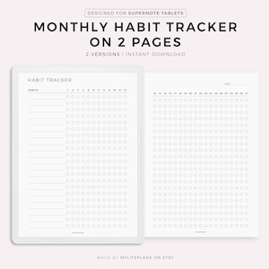 Può includere: Un tracker di abitudini mensile stampabile progettato per tablet Supernote. Il tracker è diviso in due pagine, la prima pagina elenca le abitudini e la seconda pagina mostra una griglia dei giorni del mese. Il tracker è progettato per aiutare gli utenti a tenere traccia dei loro progressi sui loro obiettivi.