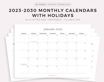 2024-2030 Monthly Calendars with Holidays, Printable Calendar Template, Landscape, Minimalist Calendar, Instant Download, A4/Letter
