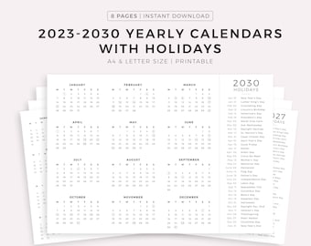 2023-2030 Year Calendars with Holidays on One Page, Printable, Landscape, Wall Calendar, Desk Calendar, Sunday & Monday Start, A4/Letter