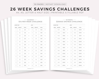 26 Week Saving Challenges Printable & Fillable PDF, Savings Trackers, Money Challenge, Finance Planner, A4/A5/Letter/Half, Instant Download