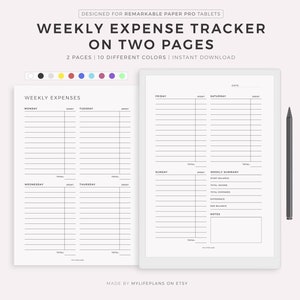 May include: A printable weekly expense tracker on two pages, designed for use with a Remarkable Paper Pro tablet. The tracker includes sections for each day of the week, with space for listing expenses and a total for each day. There is also a weekly summary section for tracking income, expenses, and a balance.