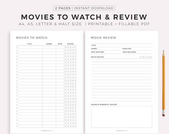 Películas para ver y revisar Página PDF imprimible y rellenable, A4 / A5 / Carta / Tamaño medio, descarga instantánea