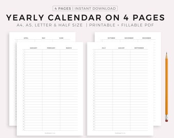 Year Calendar on Four Pages Printable, Quarterly Overview, Yearly Planner, Minimalist Calendar Template, A4/A5/Letter/Half, Instant Download