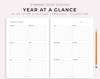 Year At a Glance, Two Page Yearly Planner Printable, 12 Month Overview, Minimalist Planner, A4/A5/Letter/Half, Instant Download PDF