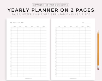 2 Page Yearly Planner Printable, Year At a Glance, Yearly Agenda, 12 Month Overview, Vertical, A4/Letter, Instant Download PDF