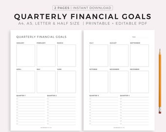 Quarterly Financial Goals, Financial Goals, Goal Setting, Goal Planning, A4/A5/Letter/Half Size, Printable & Fillable Instant Download PDF