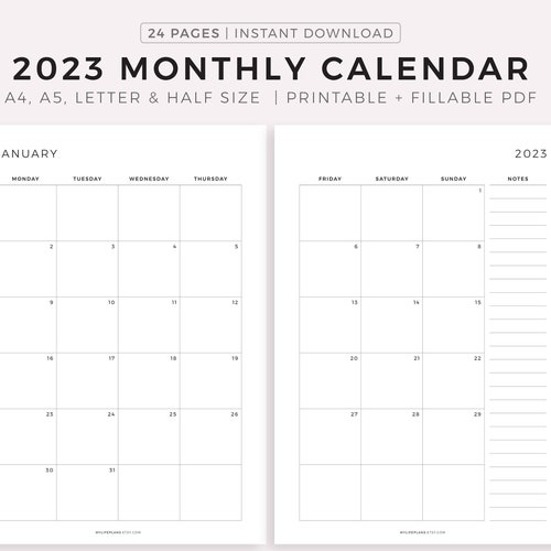 2023 monthly calendar on two pages with notes printable etsy
