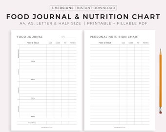 Daily Food Journal & Nutrition Chart Plantilla imprimible, registro de alimentos, rastreador de comidas, planificador de dieta y acondicionamiento físico, A4 / A5 / carta / mitad, descarga instantánea