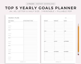 Top 5 Yearly Goals Planner, Goal Setting, Goal Planning, Productivity Planner, A4/A5/Letter/Half, Printable & Fillable, Instant Download