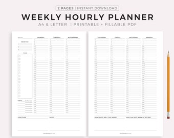 Weekly Hourly Planner Printable, Weekly Schedule, Daily Planner, Productivity Planner, Weekly Organizer, Weekly To Do List A4 & Letter