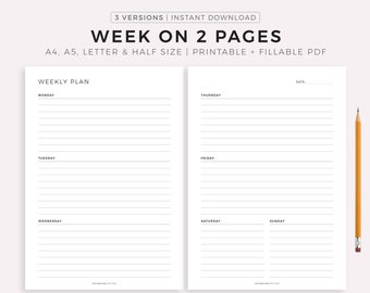 Week on 2 Pages, Week At a Glance, Weekly Schedule, Weekly Agenda, Minimal Weekly Planner Printable PDF, Planner Inserts, A4/A5/Letter/Half