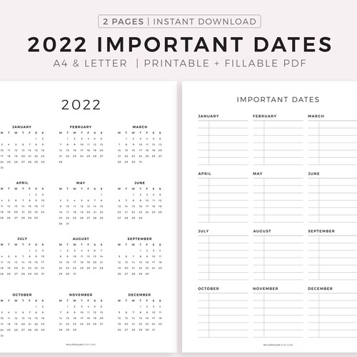 2022 Calendar and Important Dates Page Printable Birthdays Etsy