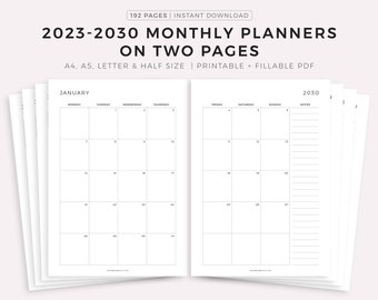 2024-2030 Monthly Calendars on Two Pages with Notes, Printable Calendar Template PDF, Year Calendar, Monday/Sunday Start, A4/A5/Letter/Half