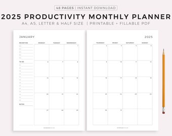 2025 Monthly Planner Printable, Productivity Planner, Monthly Agenda, Month at a Glance, Sunday/Monday Start, A4/A5/Letter/Half