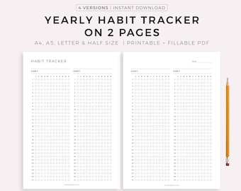 Yearly Habit Tracker on Two Pages, Habit Tracker Template, Routine Tracker, Habit Challenge, A4/A5/Letter/Half, Printable & Fillable