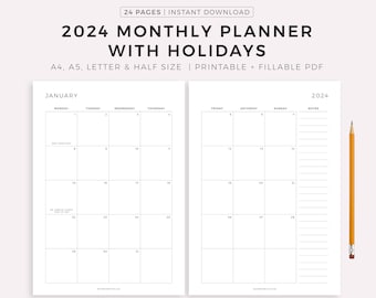 2024 Monthly Planner with Holidays, Dated Month on 2 Pages, Monthly Organizer, Month At a Glance, A4/A5/Letter/Half, Instant Download