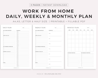 Work From Home - Daily Planner, Weekly Planner, Monthly Planner, Productivity Planner, Instant Download, A4/A5/Letter/Half Size