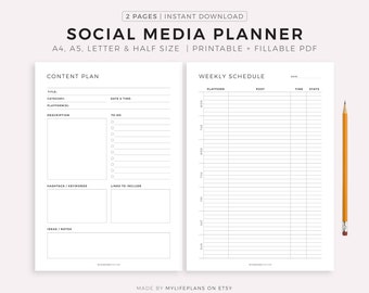 Social Media Planner Printable, Content Planner für Instagram, Youtube, Pinterest, TikTok, Blog, A4/A5/Letter/Half, Instant Download PDF