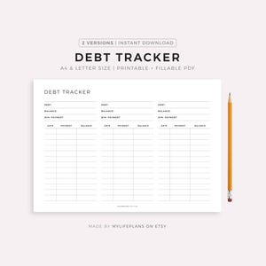 Puede incluir: Un rastreador de deudas imprimible en blanco con el título "Debt Tracker" y secciones para deuda, saldo, pago mínimo, fecha, pago y saldo. Un lápiz amarillo está en el lado derecho de la imagen.