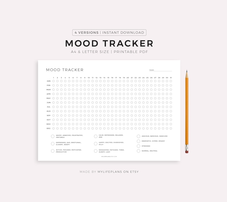 Mood Tracker Printable Landscape, A Year In Pixels, Mood Journal, Emotion Tracker, Mood Chart, Wellness Planner, A4/Letter, Instnat Download image 1