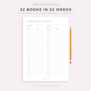 Read 52 Books in 52 Weeks Challenge, Book Reading Tracker, Books to Read List, Book Journal, A4/A5/Letter/Half Size, Instant Download PDF image 1