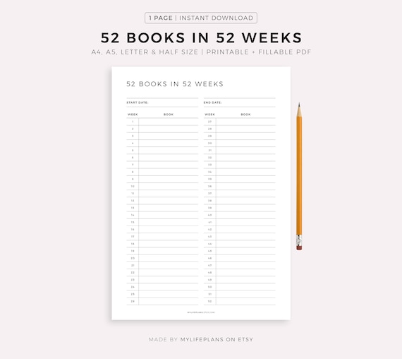 Read 52 Books in 52 Weeks Challenge, Book Reading Tracker, Books to Read List, Book Journal, A4/A5/Letter/Half Size, Instant Download PDF