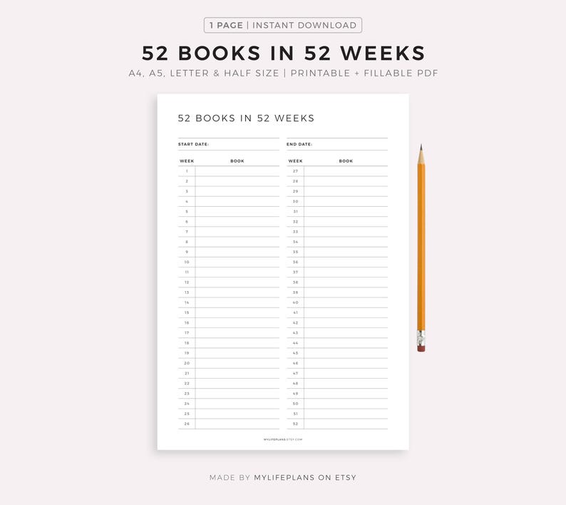 Read 52 Books in 52 Weeks Challenge, Book Reading Tracker, Books to Read List, Book Journal, A4/A5/Letter/Half Size, Instant Download PDF image 1