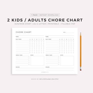 Könnte beinhalten: Eine weiße Aufgabenliste mit dem Text "2 KIDS / ADULTS CHORE CHART" und "CHORE CHART". Die Liste enthält Abschnitte für tägliche und wöchentliche Aufgaben, Notizen und Belohnungen. Ein gelber Bleistift befindet sich auf der rechten Seite.