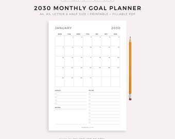 May include: A white 2030 monthly goal planner with a calendar for January. The planner includes sections for goals, to-do lists, and notes. A yellow pencil rests on the right side of the planner. Text on the top reads "12 PAGES | INSTANT DOWNLOAD".