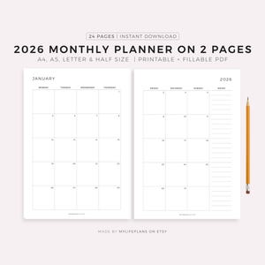 May include: A minimalist 2026 monthly planner, featuring a two-page spread for January. The design includes a calendar layout with space for notes, and a pencil. Text includes "2026 Monthly Planner on 2 Pages" and "Printable + Fillable PDF".