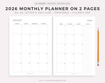 2026 Monatsplaner druckbar, datiert auf 2 Seiten, Kalender 2026, Monat auf einen Blick, A4/A5/Letter/Half, Instant Download