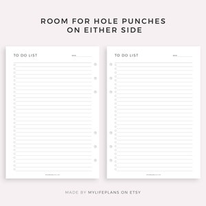 Puede incluir: Dos p&aacute;ginas blancas en blanco de lista de tareas con l&iacute;neas y c&iacute;rculos para perforaciones. El texto "TO DO LIST" est&aacute; en la parte superior de cada p&aacute;gina. El texto "ROOM FOR HOLE PUNCHES ON EITHER SIDE" est&aacute; en la parte superior de la imagen. El texto "MADE BY MYLIFEPLANS ON ETSY" est&aacute; en la parte inferior de la imagen.