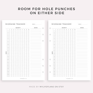 May include: A printable migraine tracker with a severity scale from 1 to 10. The tracker has space for notes and is designed to be hole punched for use in a planner or binder.