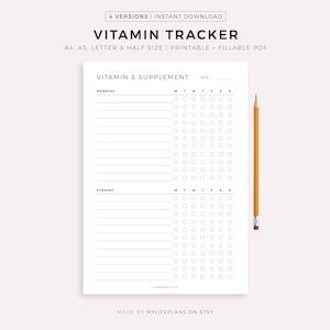 Täglicher Vitamin Tracker zum Ausdrucken, Ergänzung Checkliste, Vitamin İntake Erinnerung, Fitness und Gesundheitsplaner, A4/A5/Letter/Half Size