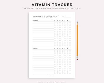 Daily Vitamin Tracker Printable, Supplement Checklist, Vitamin İntake Reminder, Fitness and Health Planner, A4/A5/Letter/Half Size