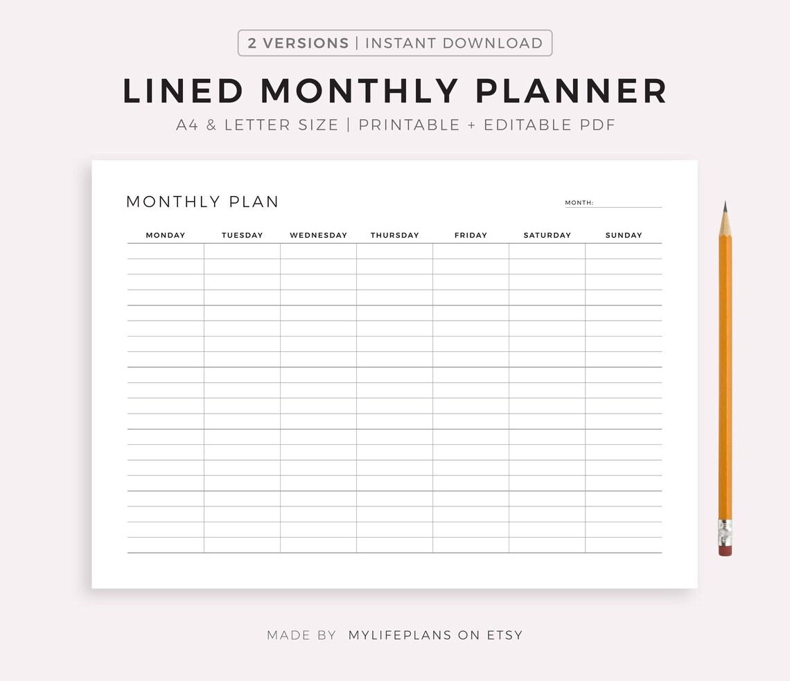 Printable Monthly Planner Landscape Undated Monthly | Etsy