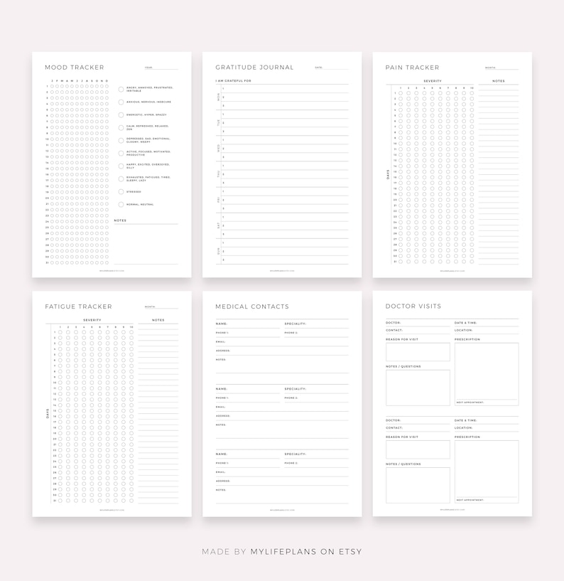 May include: Printable planner pages for tracking mood, pain, fatigue, and gratitude. The pages also include a section for medical contacts and doctor visits.