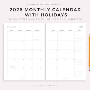 2026 Monthly Calendar with Holidays on 2 Pages, Printable Calendar Template, Year Calendar, Minimalist Calendar, Vertical, A4/A5/Letter/Half