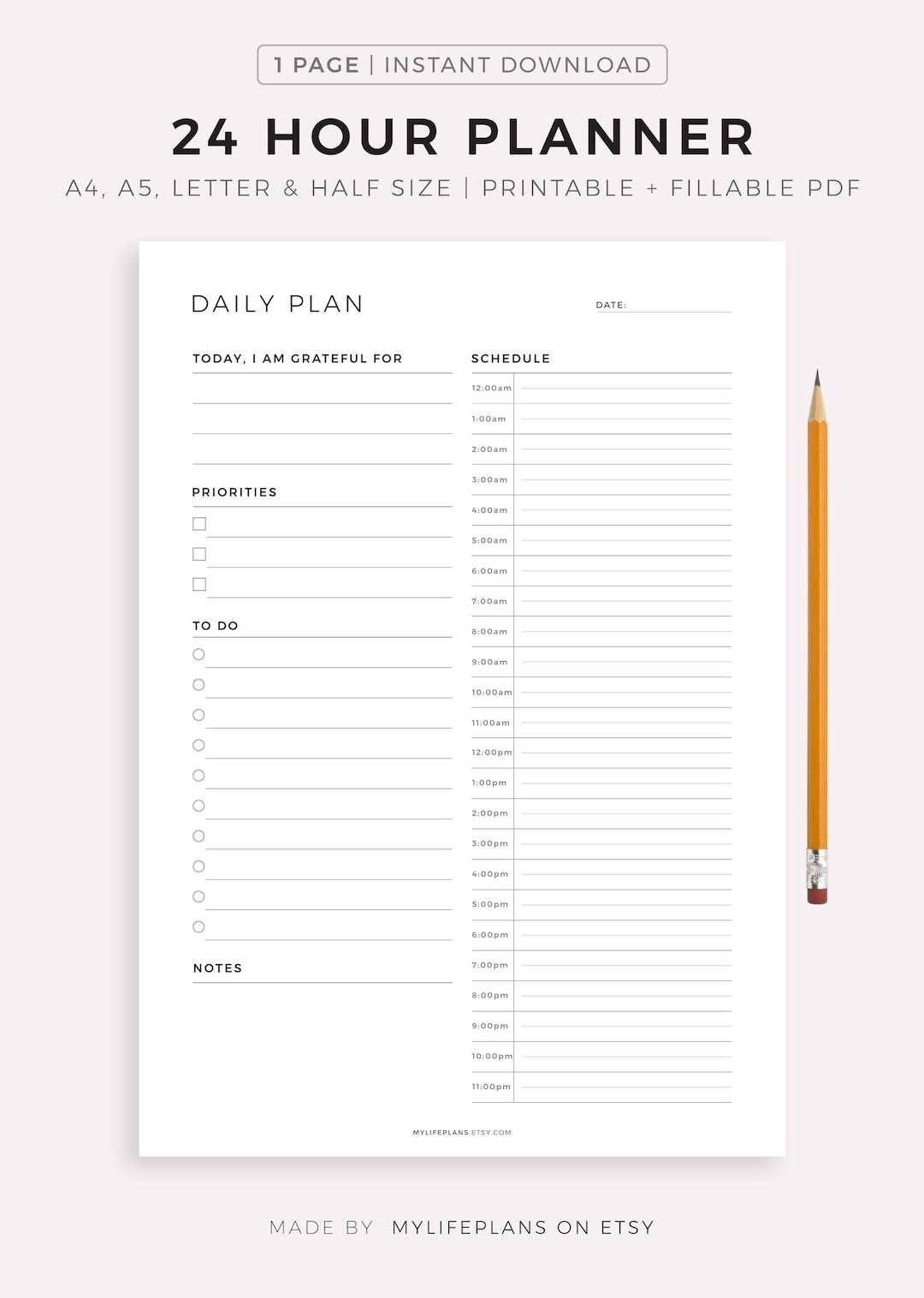 24 Hour Daily Planner Printable, Daily to Do List for Work / Personal Life,  Productivity Planner, Everyday Planner, Daily Schedule 