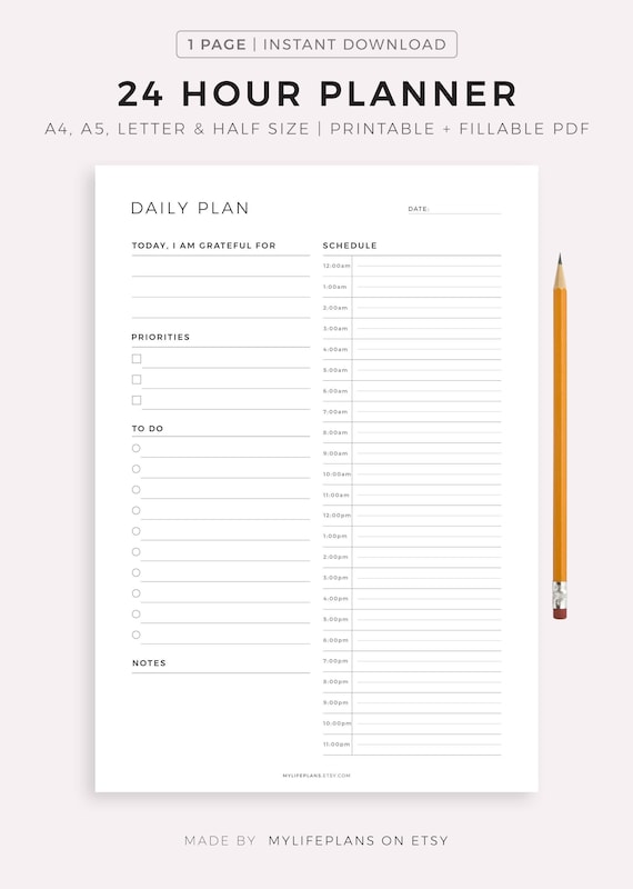 24 Hour Daily Planner Printable, Daily to Do List for Work / Personal Life,  Productivity Planner, Everyday Planner, Daily Schedule 